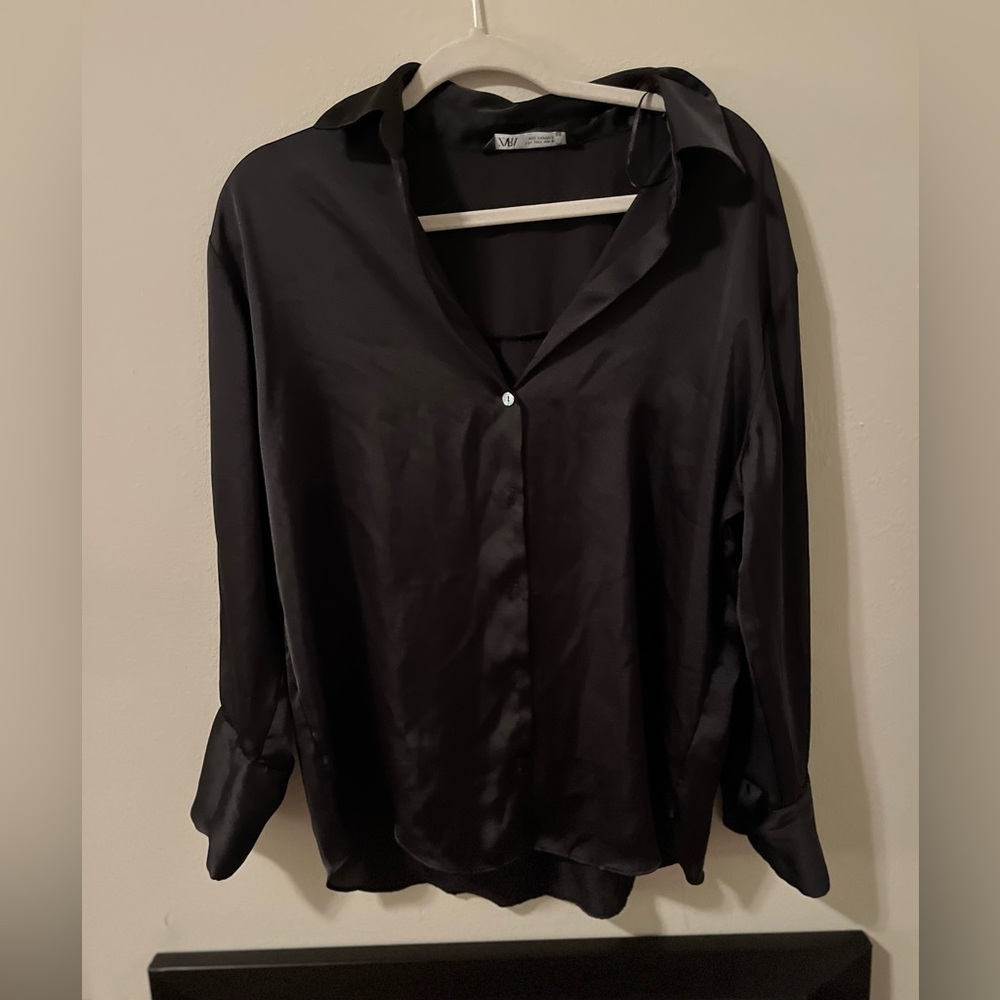 Zara black silky satin collared blouse oversize fit size L